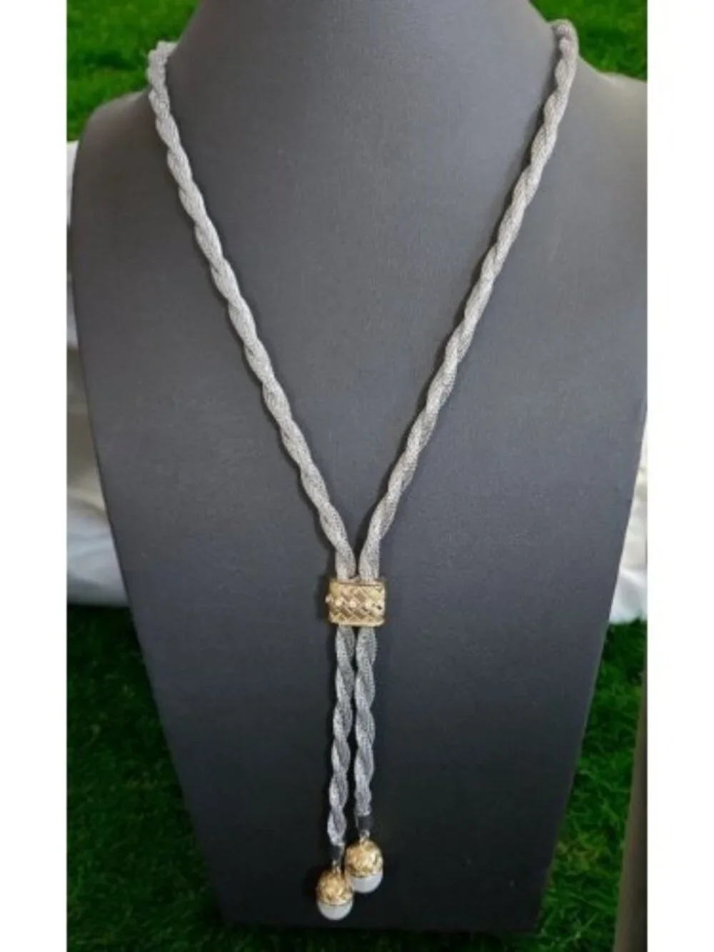 Silvertone Twisted Rope with Gold and Rhinestone Accents Lariat Necklace